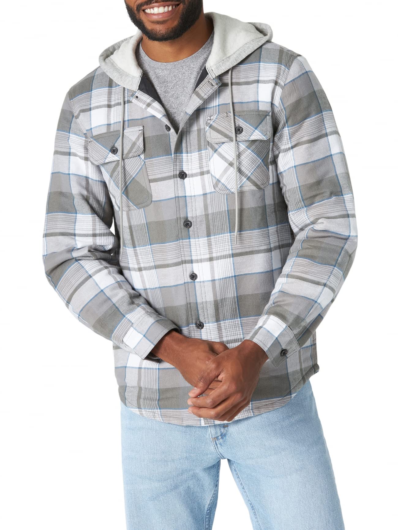 Wrangler Authentics Men's Long Sleeve Quilted Lined Flannel Shirt Jacket with Hood, Gray, X-Large