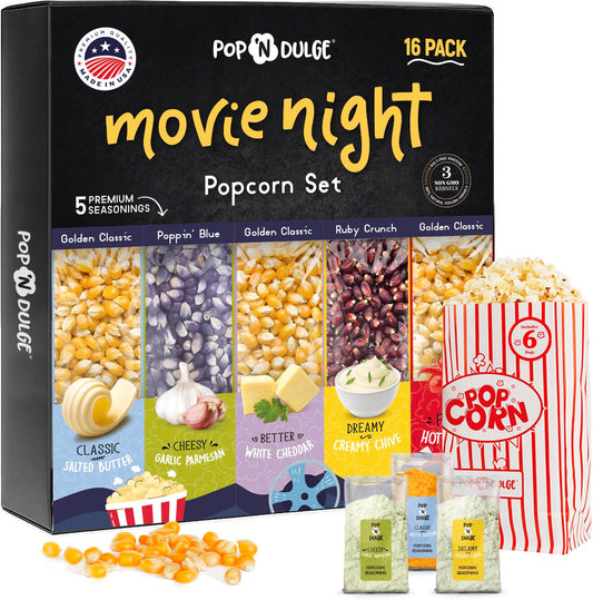 Pop n' Dulge Popcorn Movie Night Supplies 16 pcs Gift Set, 5 Gourmet Popcorn Kernels, 5 Seasoning Variety Packs Non-GMO Kosher Snacks, Great Housewarming Family Date Night Gifts Basket Ideas For Him Her