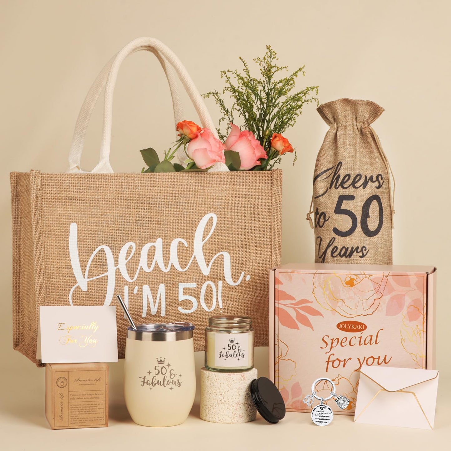 JOLYKAKI 50th Birthday Gifts for Women, 50 Birthday Gifts Ideas for Her, 50 Years Old Gift Baskets, Best 50 Fabulous 1975 Birthday Gifts Basket for Mom Sister Friend Wife Daughter Coworker