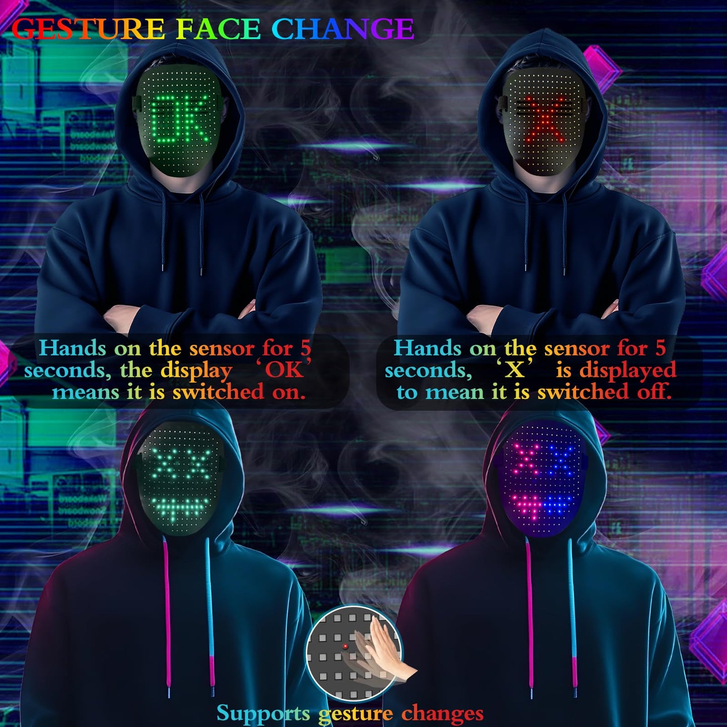 mofyshine LED Mask with Gesture Sensing, Light up Mask 50 Patterns Cool Face Transforming Led Masks for Halloween Christmas Cosplay for Men Women