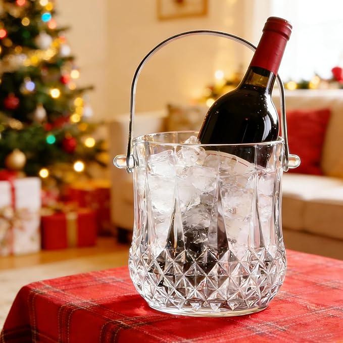 Glass Ice Bucket with Handle and Ice Tong Holds 37oz of Ice Clear Crystal Ice Buckets for Cocktail Bar Wine Home Bar Acces...