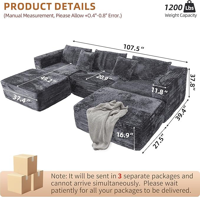 110 Modular Sectional Boneless Sofa with 2 Ottomans, Corduroy U-Shaped Modular Sectional Sofa, Convertible Cloud Couch with Deep Seats, No Assembly Required (Grey, 110" 3Seat+2 0ttoman)