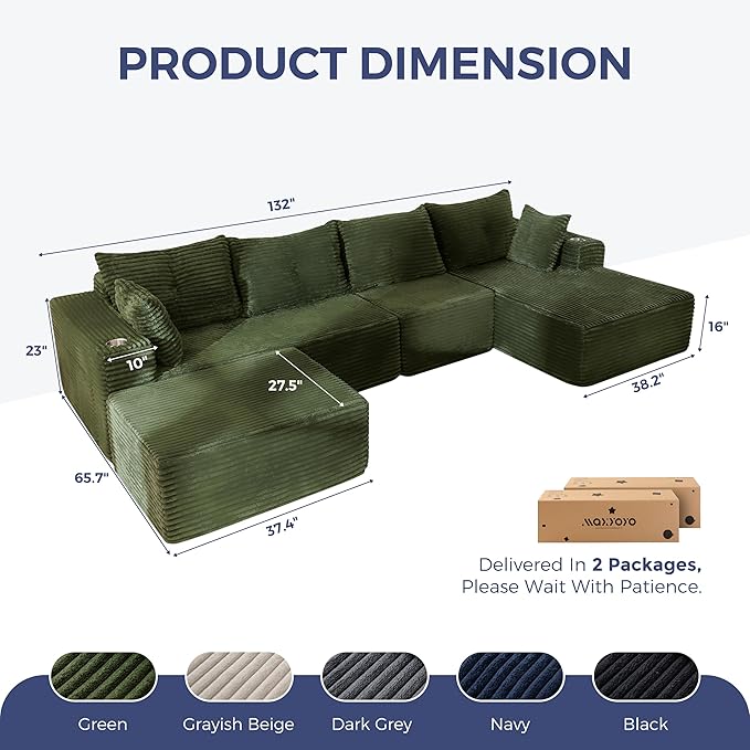 MAXYOYO 132" Giant U-Shaped Modular Sectional Couch, Modern Boneless Couch for Living Room, Sofa in A Box, Oversized Sofa Sleeper with Deep Seat, No Assembly Required, Green