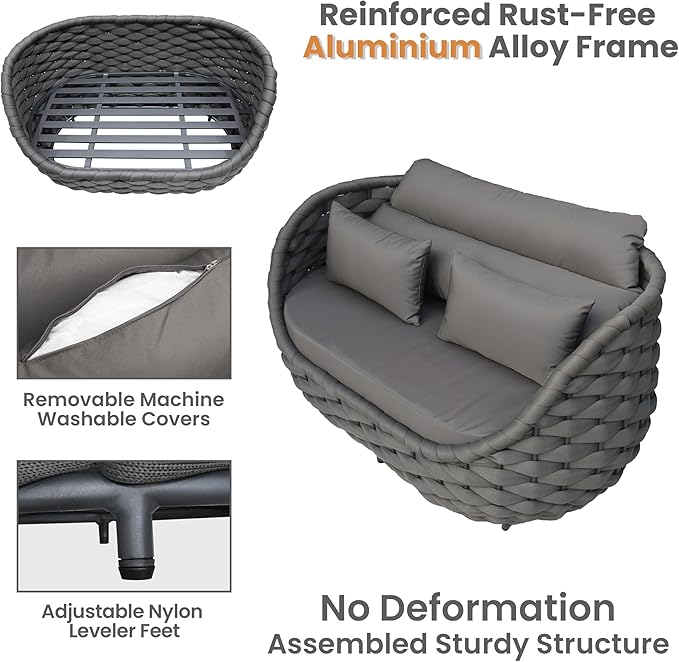 Erotr Patio Loveseat with Table: Aluminum Hand Woven Rope 2 Piece Patio Furniture Set - Cushioned Outdoor Seating Set - Modern Metal Lounge Set Assembled for Porch Balcony Deck Garden Hotel, Dark Grey