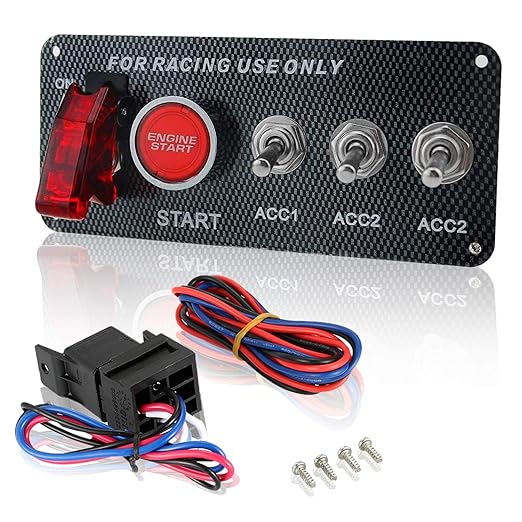 Stark Industries - Race Car Ignition Panel with Engine Start Button and 3 Toggle Switches - Carbon Fiber 12V LED Switch Panel