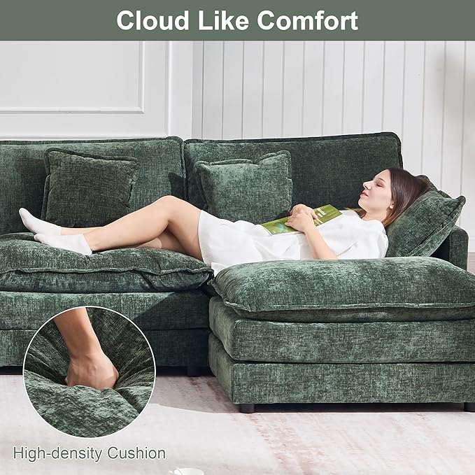 KIVENJAJA Chenille L-Shaped Modular Sectional Sofa, Modern Loveseat Comfy Deep Seat Cloud Couch with Ottoman/Chaise & 4 Pillows for Living Room Office Apartment, 76.7" W, Green