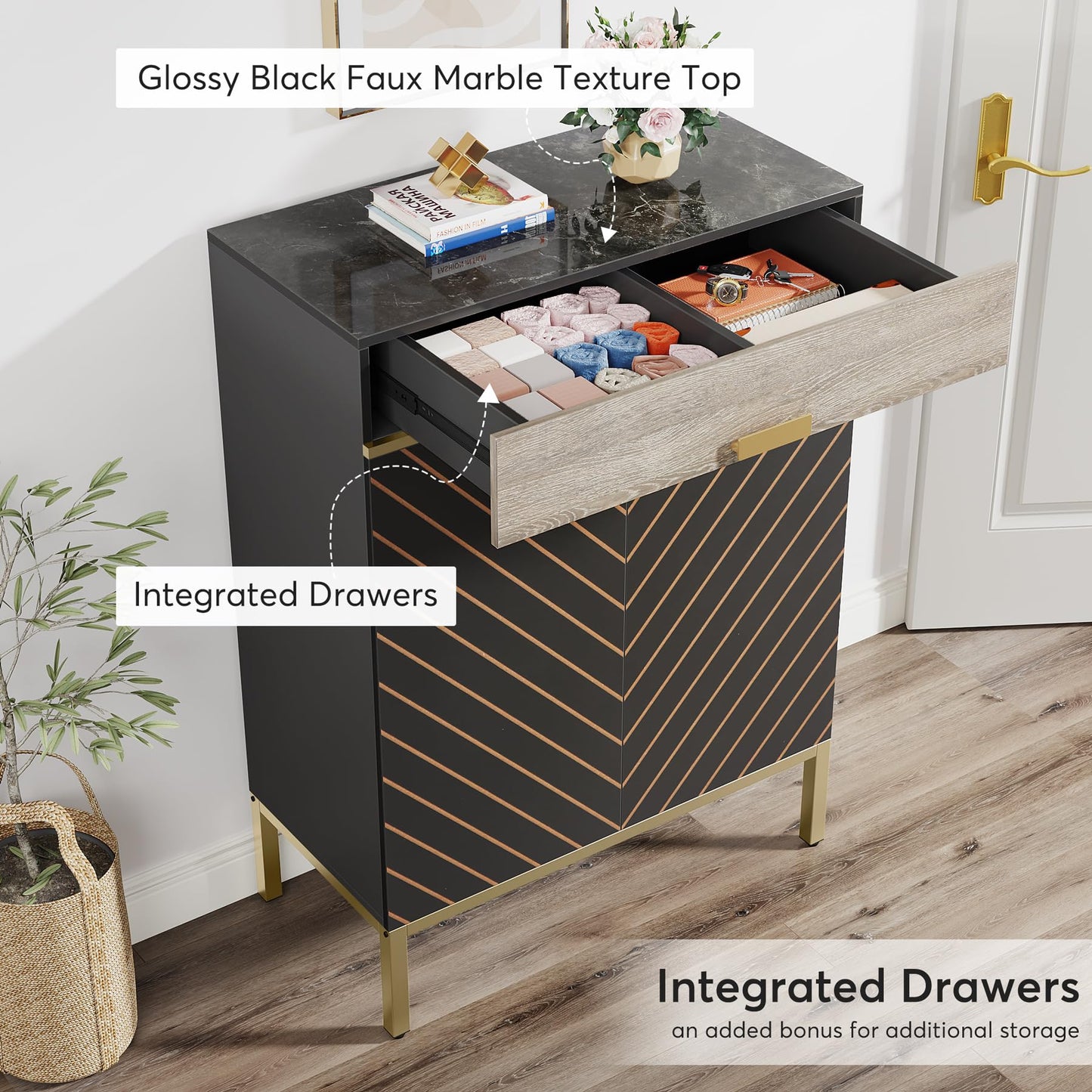 Tribesigns Shoe Cabinet with Doors, 4-Tier Shoe Storage Cabinet with Drawer & Adjustable Shelves, Slim Wooden Entryway Organizer for Bedroom, Closet, Hallway, Gray/Gold
