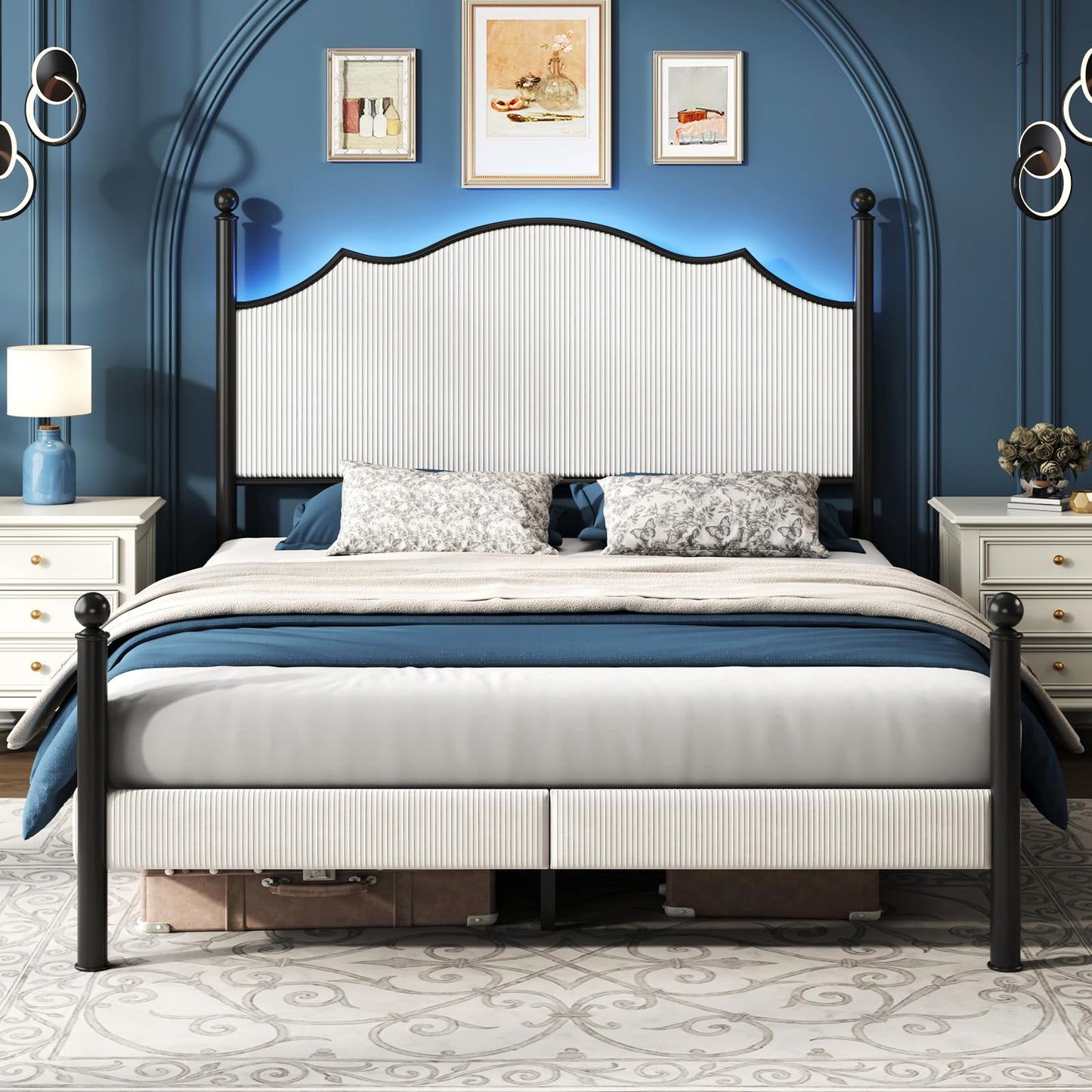 LUXOAK Queen Bed Frame with LED Light & Arch Headboard, Modern Corduroy Upholstered Platform Bed with Metal Poster, No Box Spring Needed/Easy Assembly/Noise Free, White