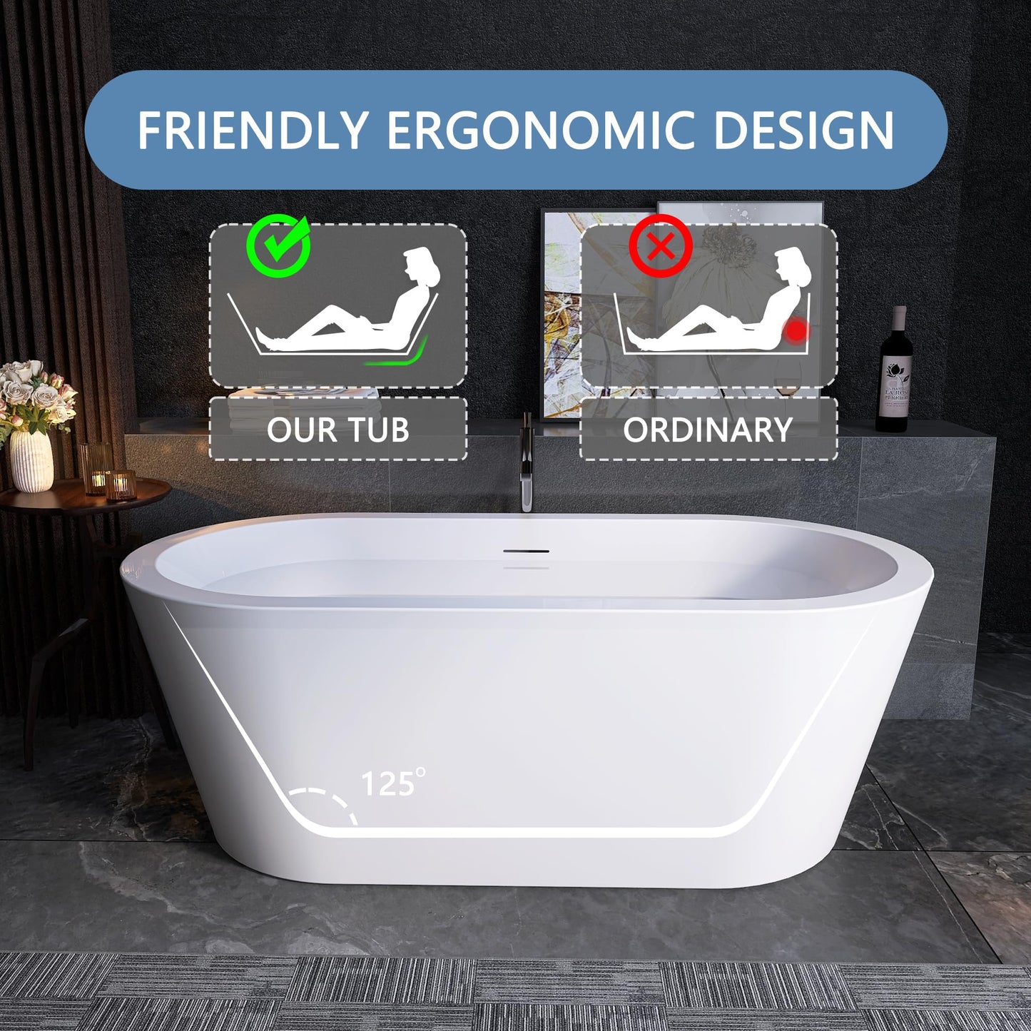 64" Free Standing Tub, Pure Acrylic Freestanding Bathtub, Stylish Stand Alone Contemporary Deep Soaking Bath Tub, cUPC Certified SY1265 (Glossy White)