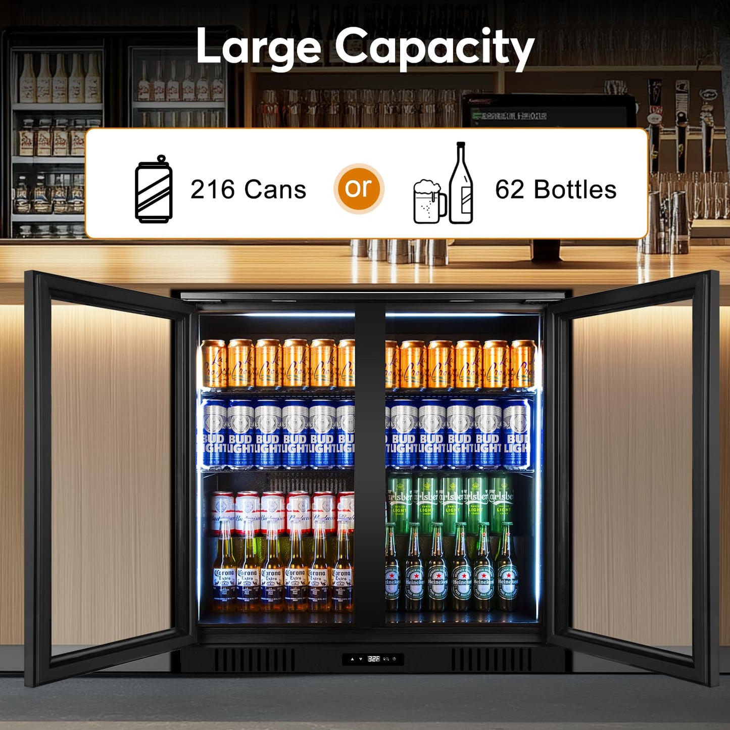 FoMup Back Bar Cooler Undercounter Beverage Refrigerator with Glass Door, Commercial Display Fridge for Beer Drink Soda with Temperature Control, 7.2Cu. Ft. Large Capacity, Black