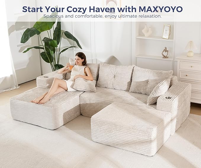 MAXYOYO 104" U-Shaped Modular Sectional Couch, Modern Boneless Couch for Living Room, Sofa in A Box, Oversized Sofa Sleeper with Deep Seat, No Assembly Required, Grayish Beige