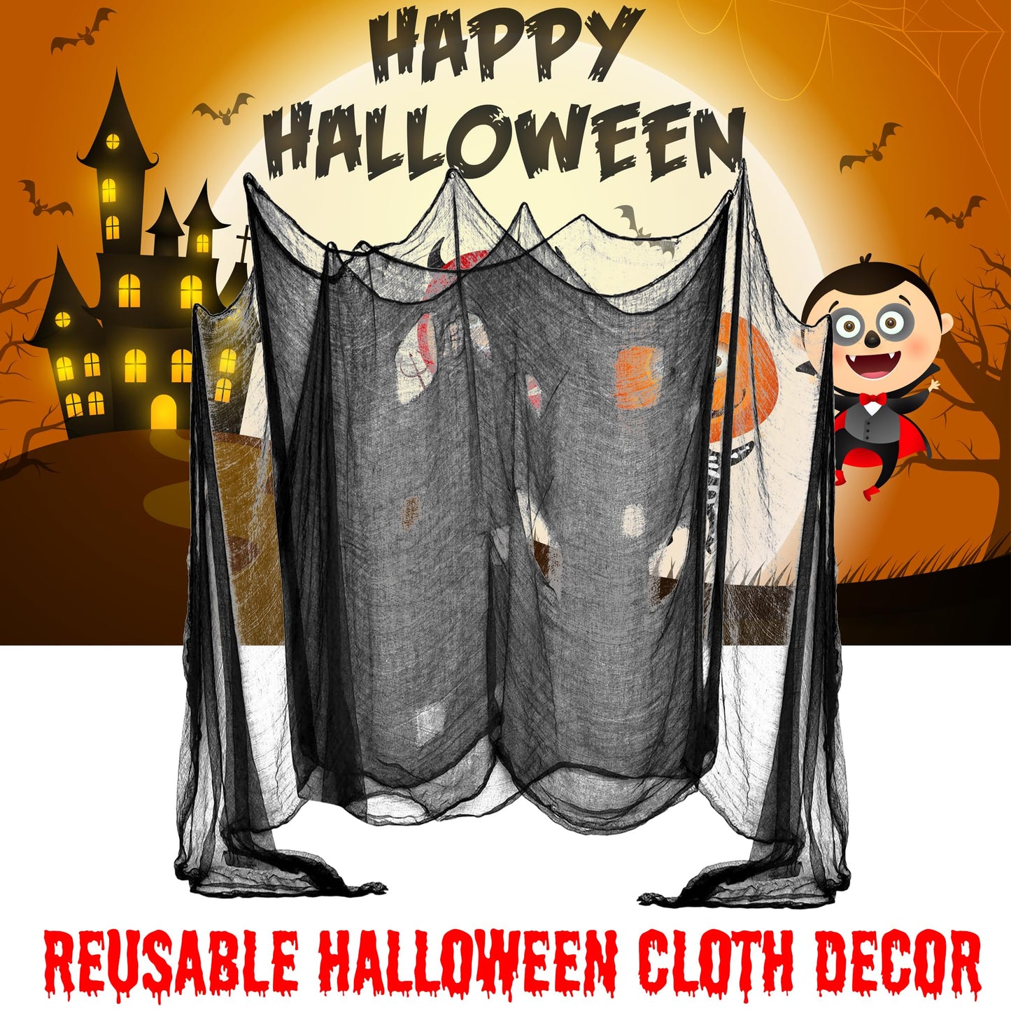 DealKits [2 PACKS] Halloween Creepy Cloth, Spooky Giant (48 x 240 in.) Cheese Cloth Tapestry for Halloween Party Supplies Decorations Outdoor Yard Home Wall Decor, Black