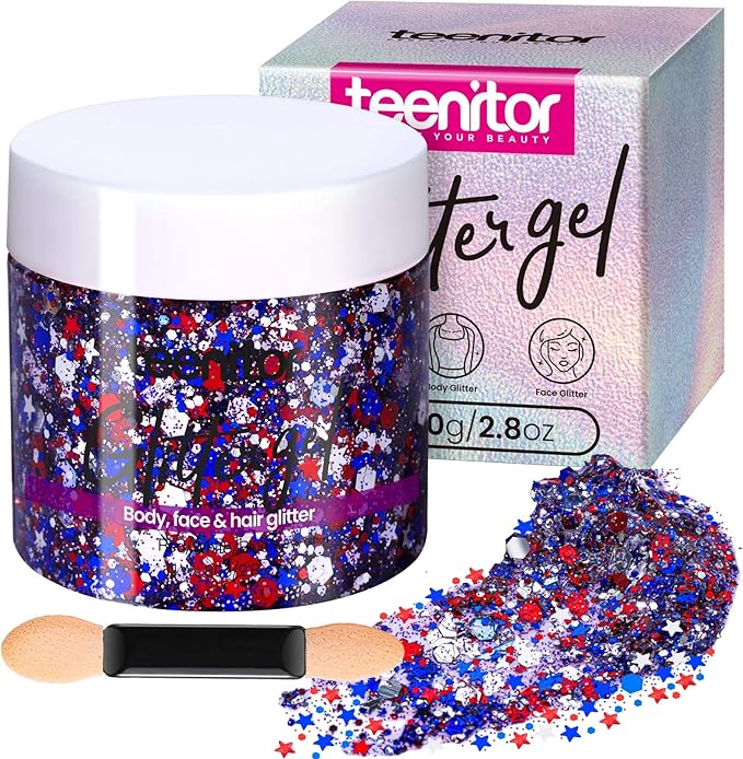 Teenitor 80g Red White and Blue Body Glitter Face Glitter Gel, 4th of July Accessories Hair Glitter for Kids, Fourth of July Outfits for Women, Red White and Blue Face Paint for USA Independence Day
