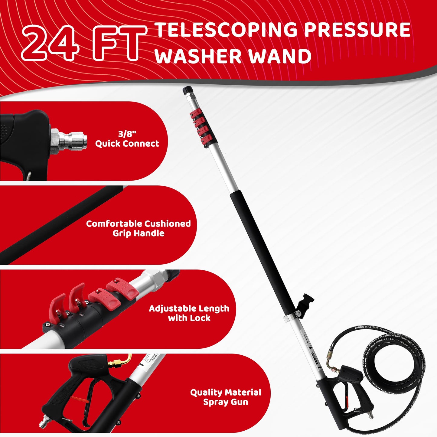 RIDGE WASHER 24 FT Telescoping Pressure Washer Wand, Power Washer Extension Wand with Brush, Telescopic Gutter Cleaner with 3 Stainless Steel Curve Wands, Adjustable Support Belt, 7 Nozzles, 4000 PSI