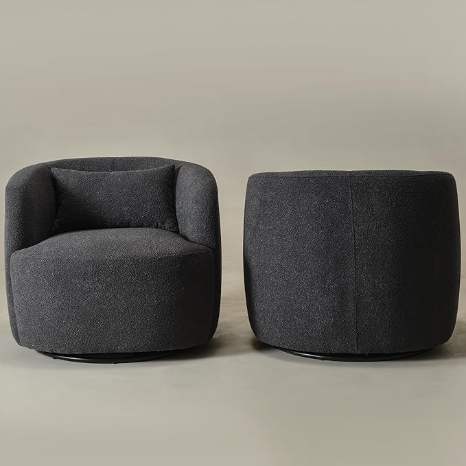 KINWELL 34" Wide Boucle Swivel Barrel Chairs Set of 2, No Assembly Round Upholstered Armchairs Accent Chairs Single Sofa Chair with Toss Pillow for Living Room and Bedroom, Dark Grey