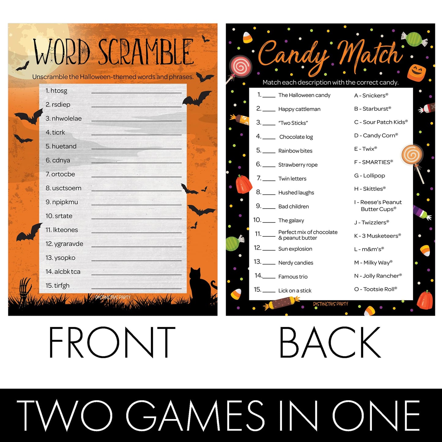 DISTINCTIVS Halloween Party Games – Word Scramble and Candy Match 2 Game Bundle, 25 Dual-Sided Cards for Kids, Adults, Classrooms, and Fall Events