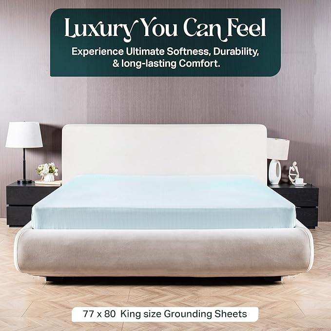 KONDITO Luxury Grounding Sheets King, 90% Organic Cotton+ 10% Pure Silver Fiber,Grounded Bed Sheet Kit, Deep Pocket Grounded Bed Sheet, Relieves Pain - Used for Healthy Sleep Therapy - Seafoam Silver