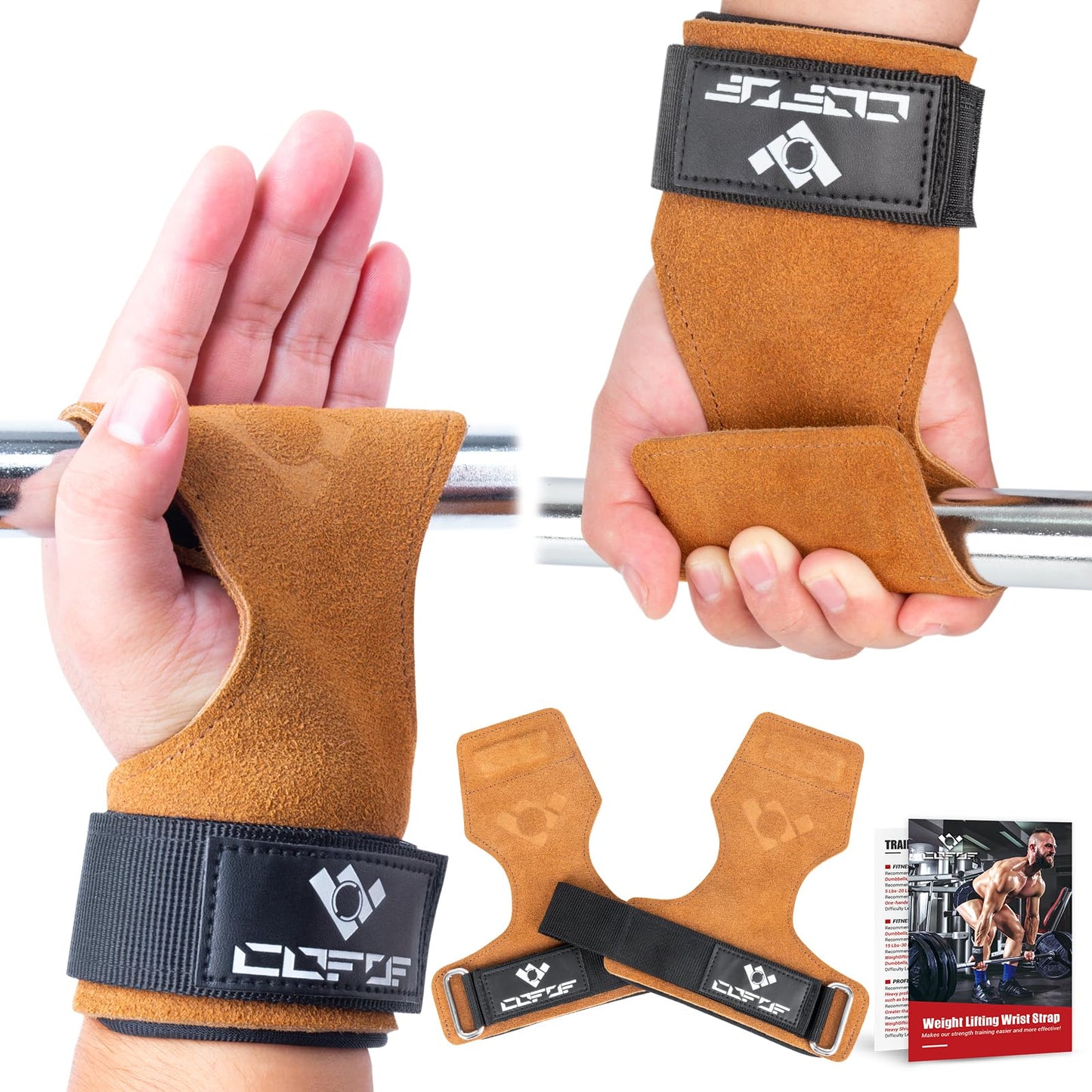 COFOF Weight Lifting Wrist Strap,Double Layer Leather Weightlifting Wrist Strap for Deadlift and Powerlifting, Adjustable Neoprene Padded Gym Workout Lifting Wrist Hooks for Men/Women(Pair)
