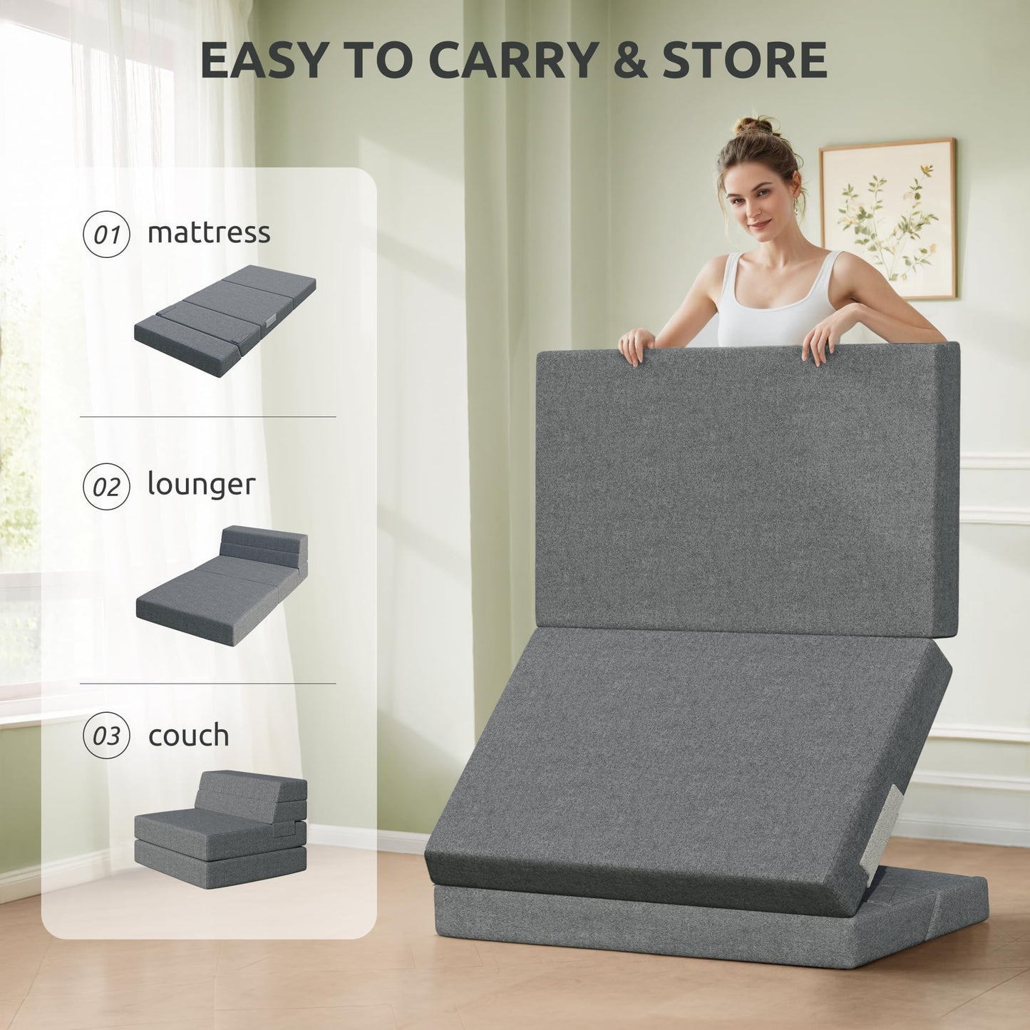 Youzi Folding Sofa Bed, Foldable Mattress for Bedroom and Living Room, 6 Inches Single Four-fold Floor Sofas for Guests, Sofa Bed Chair Floor Mattress with Washable Cover, Dark Gray, 75" x 25" x 6"