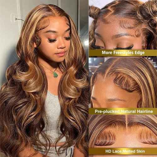 Balayage Highlights Lace Front Wig Human Hair Pre Plucked 24 Inch 13x6 HD Lace Frontal Wig Honey Blonde Highlight Outre Melted Hairline Lace Front Wig 150% Density Glusless Wigs Human Hair for Women