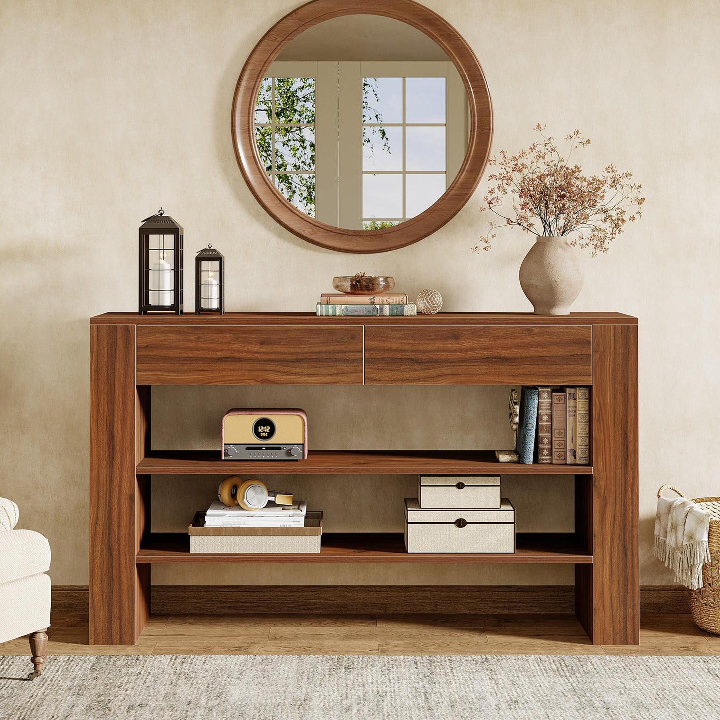 Tribesigns 53.15-Inch Console Table with 2 Drawers, 3-Tier Entryway Table with Storage for Living Room, Sofa Console Behind The Couch for Foyer, Hallway, Entrance (Dark Walnut)