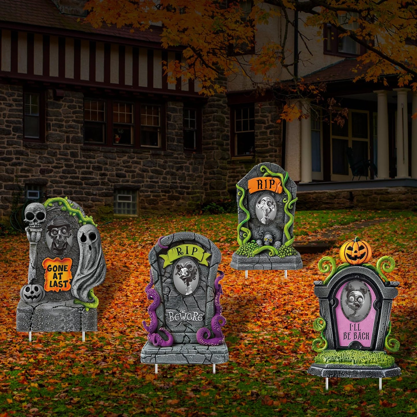 Hiboom 4 Set Large Halloween 3D Changing Face Rip Graveyard Tombstones and 19.7x13.8 Inch Halloween Skeleton Headstone RIP Graveyard Tombstones Outdoor Props Decoration for Yard Garden Lawn