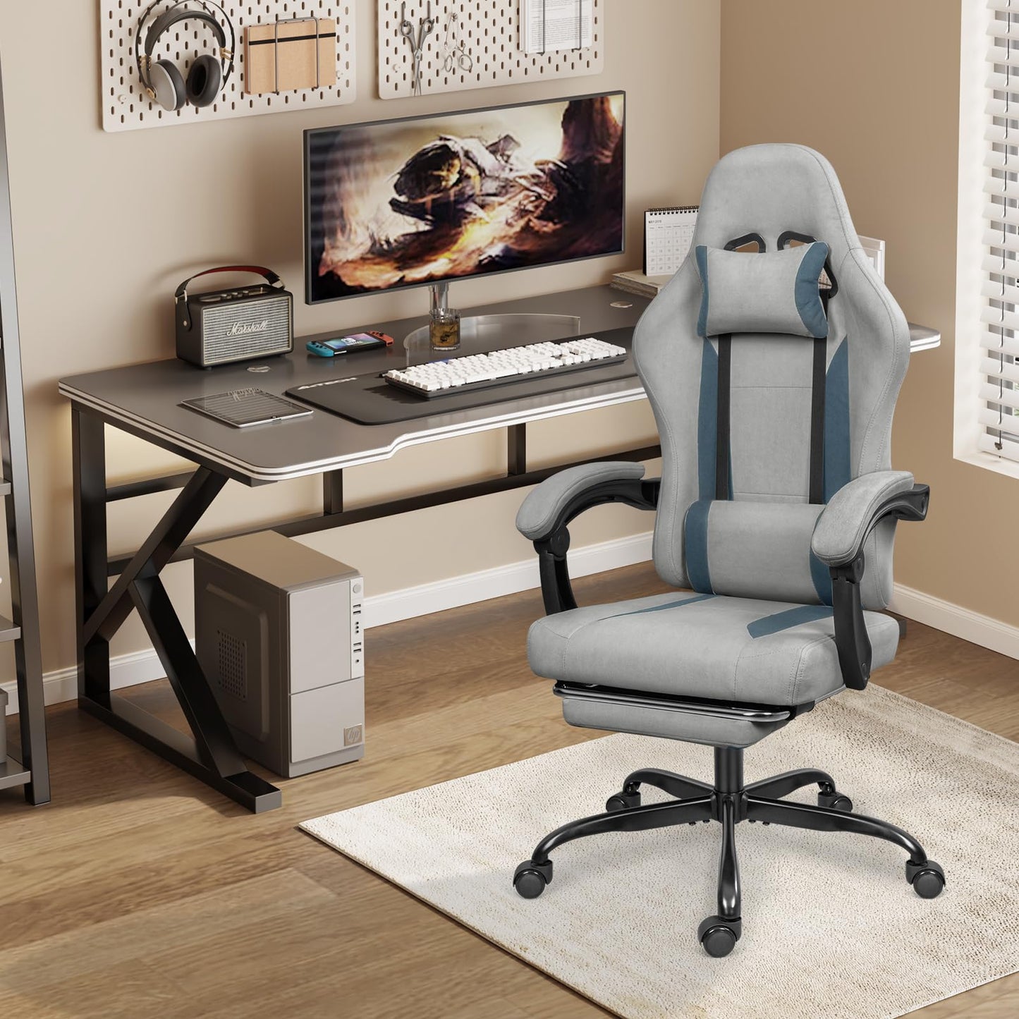ErgoDesign Breathable Fabric Gaming Chair with Footrest, Height Adjustable Game Chair, Video Gaming Chair for Gaming Room, Living Room and Office - Light Grey/Blue