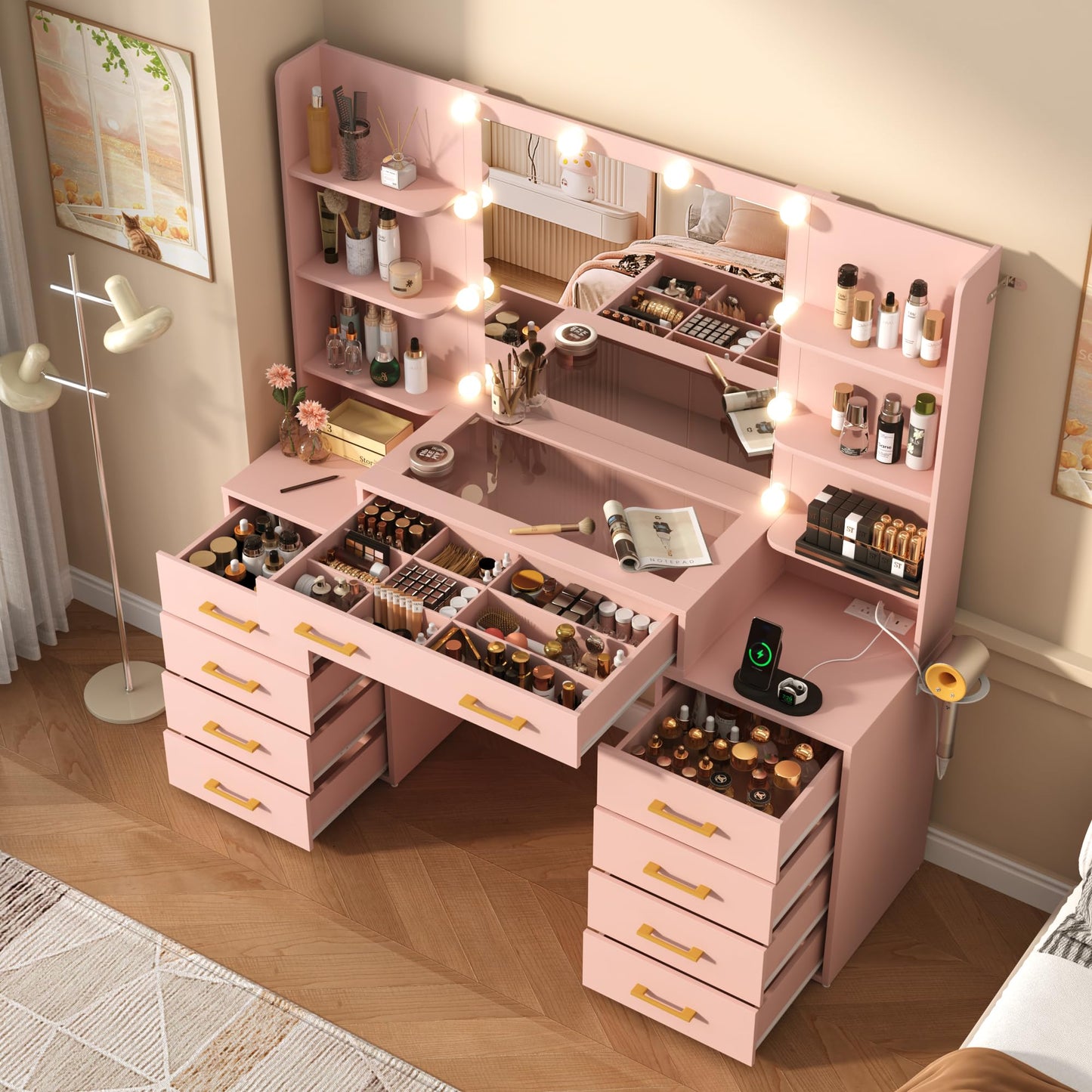 jiteentarou 55 in Glass Top Vanity Desk with Mirror and Lights, Large Vanity Makeup Mirror Desk with Charging Station Compartment Storage Drawers, Modern Makeup Vanity with 9 Drawers 6 Shelves, Pink