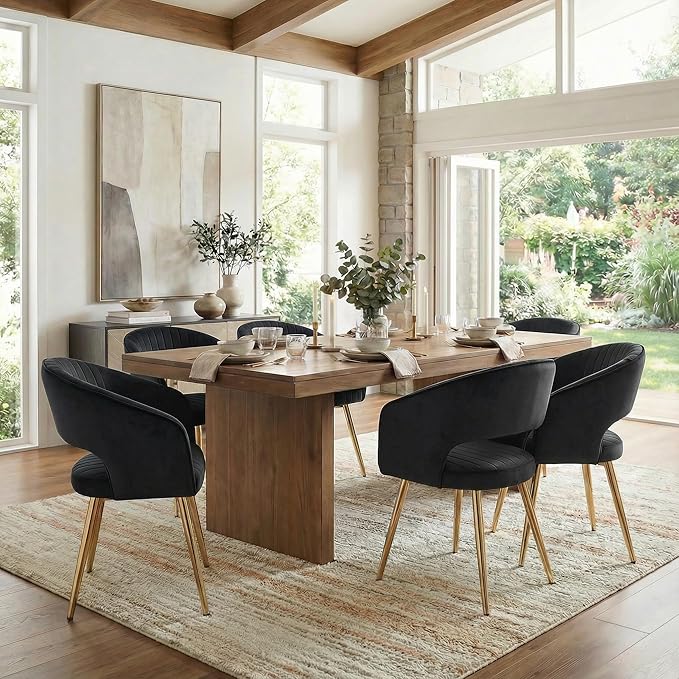 COMULER Black and Gold Velvet Dining Chairs, Modern Dining Room Chairs with Arms Set of 6 Upholstered Accent Chair Armchair with Barrel Back for Kitchen Living Room