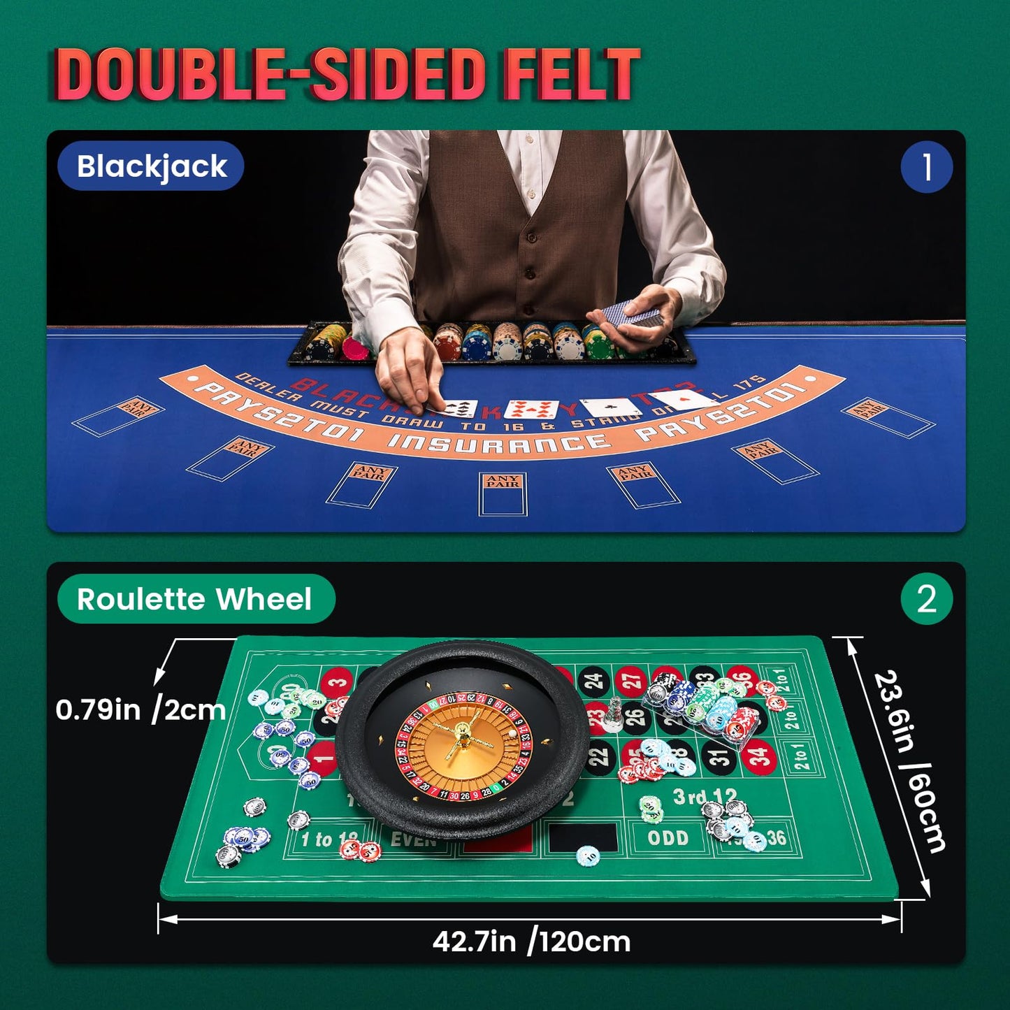 Proshine 18" ABS Roulette Wheel Set with 47.2 * 23.6” Double-Sided Roulette Tablecloth 100pcs Poker Chips Roulette Win Marker Dual Balls Casino Game Sets Smooth Rotation for Family & Party Fun