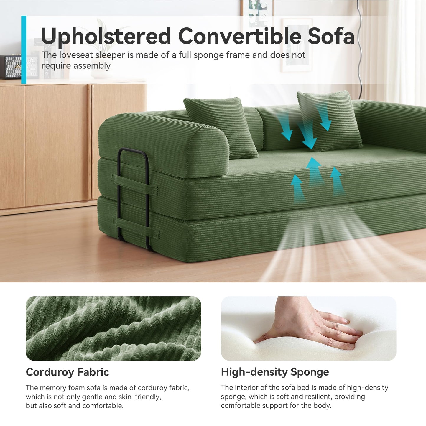 QQR Convertible Floor Sofa Bed with Fixed-Shape Frame, King Size Floor Sleeper 5-in-1 DIY Combination Modular Sofa, Modular Chenille Folding Mattress Couch for Living Room Bedroom Playroom (Green)