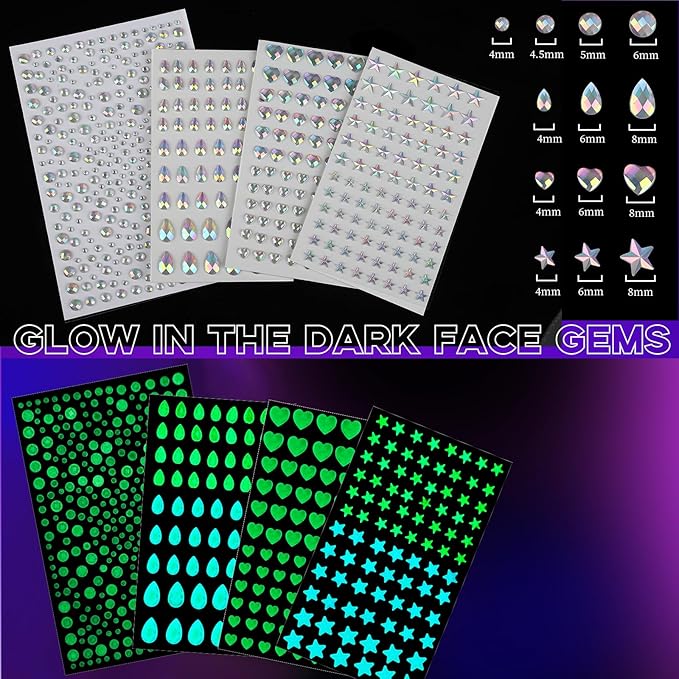 YGDZ Glow in The Dark Body Glitter, Face Glitter Gel, Mermaid Face Gems Kit, Hair Glitter Jewels for Halloween Makeup, Festival Outfits for UV Black Light Party, Rave Accessories for Women