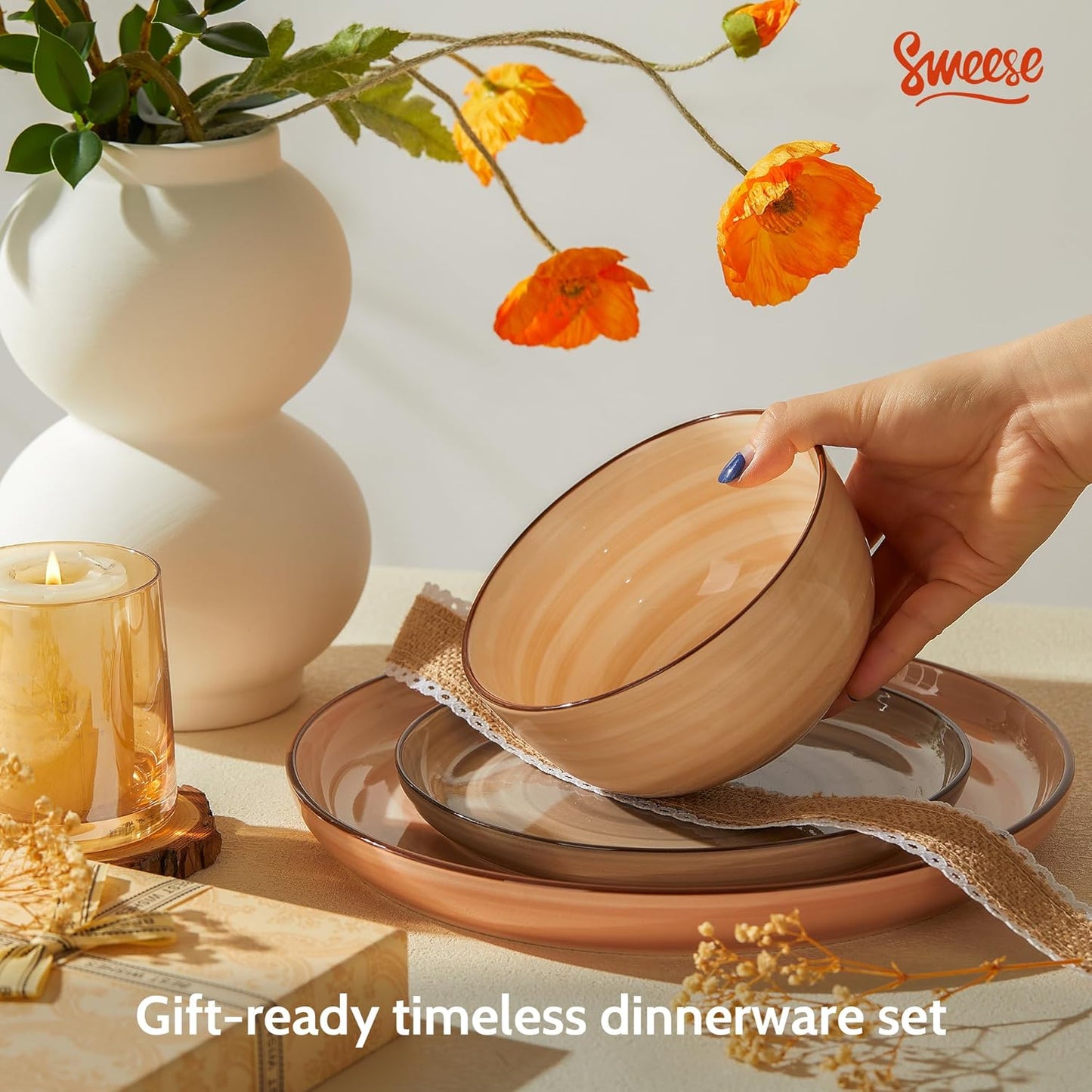 Sweese Plates and Bowls Sets, 18 Piece Dinnerware Set Porcelain Round Dinner Set for 6, Scratch Resistant Dishes Set, Dishwasher and Oven Microwave Safe Handpainted Swirl Dishware Sets, Neutral
