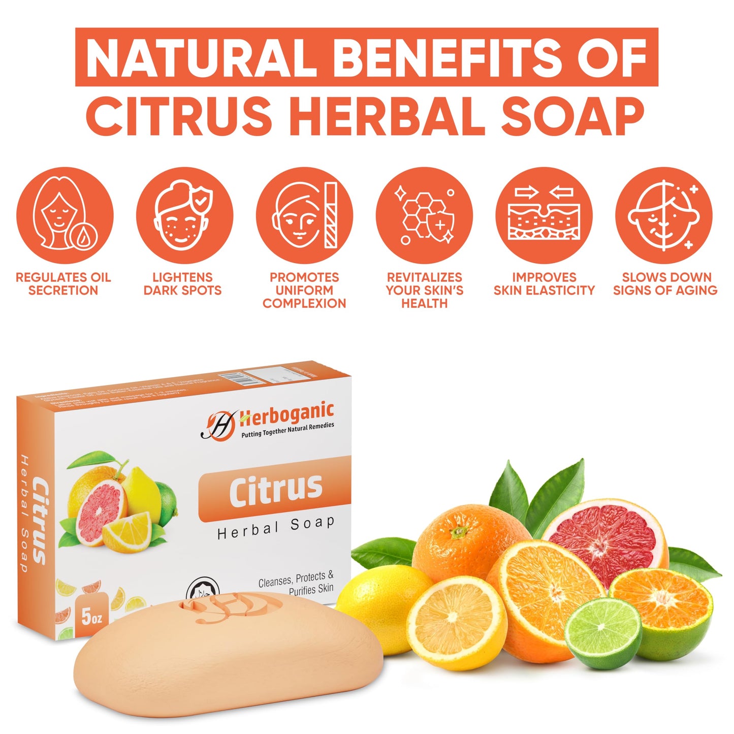 HERBOGANIC Citrus Herbal Soap | Pack of 3 of 5oz soap Bar | Natural Bar Soap for Face and Body | Hydrating and Nourishing | Suit