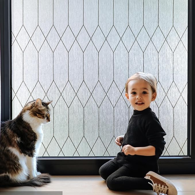 Windimiley Window Privacy Film Stained Glass Static Clings, Bathroom Frosted Leaded Decorative Window Stickers, UV Heat Blocking Opaque Removable for Home Door Coverings (29.5 x 78.7in,Rain)