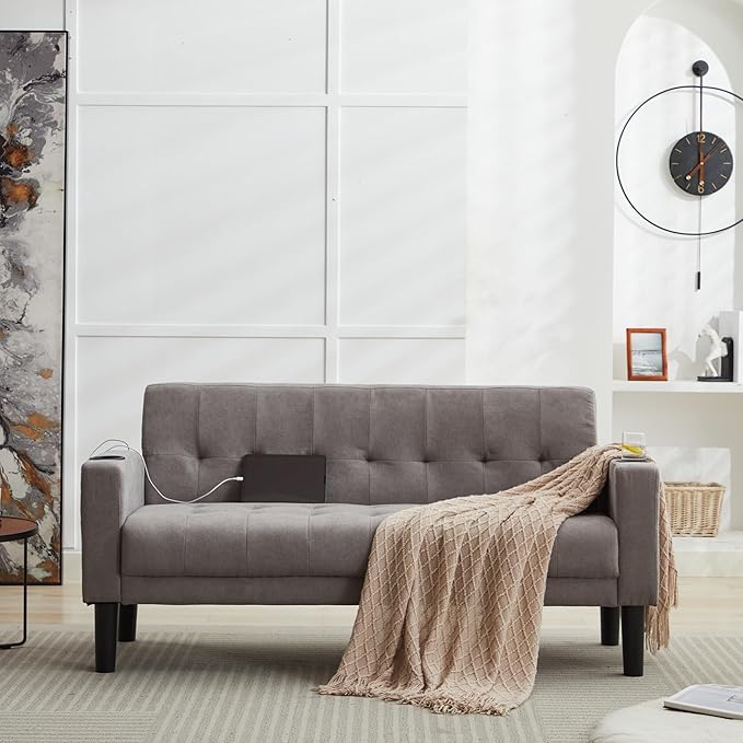 TYBOATLE Sofa Couch 62" W Loveseat w/ 2 USB Charger Ports & 2 Cupholders, Mid-Century Modern Tufted Small Love Seat Couches for Office,Compact Living Room,Bedroom,Apartment,Dorm(Light Grey)