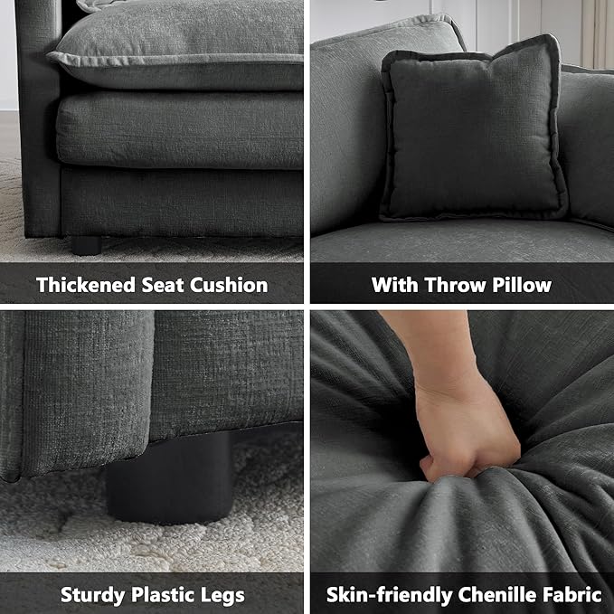 mikibama Luxury Modular Sectional Sofa, 111.5" Modern Chenille Comfy Cloud Couches for Living Room Office, 3 Seater Deep Sofa with 2 Armrest Pillows and 3 Toss Pillows, Grey