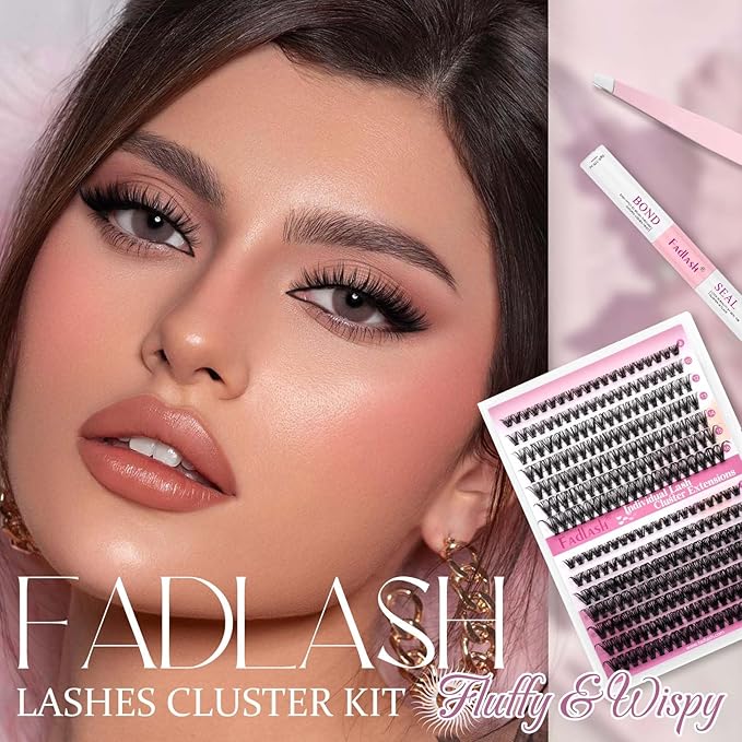 FADLASH Lash Extension Kit 30D+40D Lash Clusters D Curl Lash Cluster Kit DIY Eyelash Extension Kit with Lash Bond and Seal Lash Applicator Tool (30D+40D-07D-Kit, Mix 8-16mm)