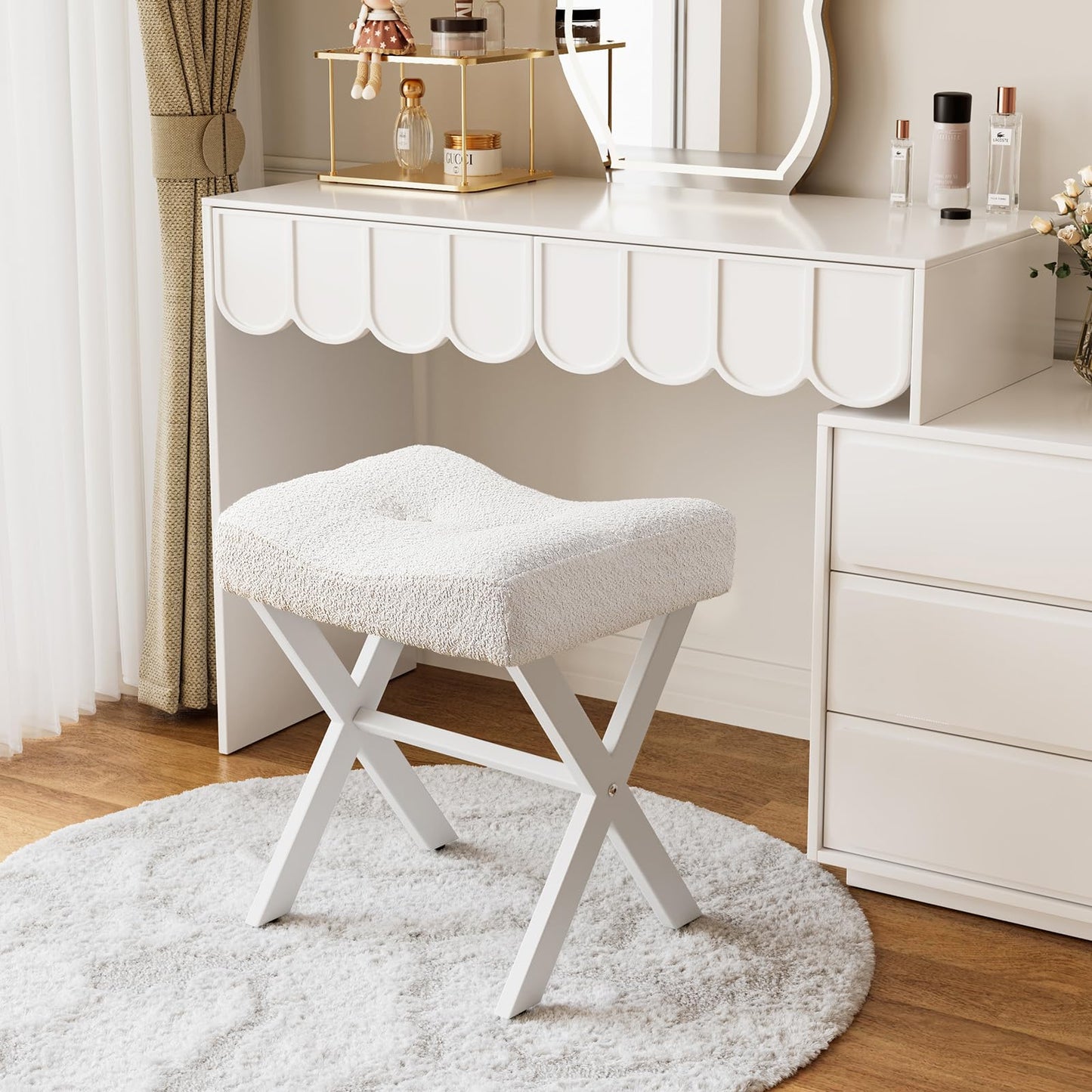 Memobarco 18-Inch Vanity Stool Chair, Vanity Bench with Metal X-Legs, Ottoman Foot Stool with Breathable and Soft Boucle Fabric Saddle Seat, White