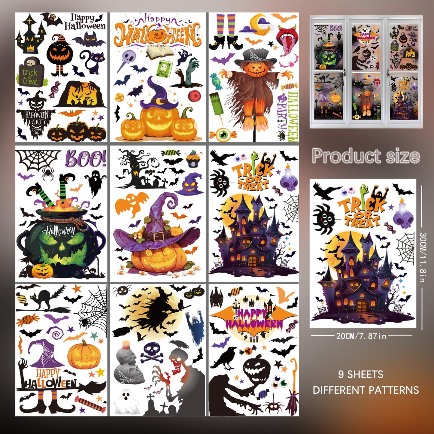 FCZon Star 9 Sheets Halloween Window Clings Decals for Party Decoration, Reusable Double Side Halloween Window Stickers, Indoor & Outdoor Home Decor,Ghosts, Pumpkins, Bats and Other Elements