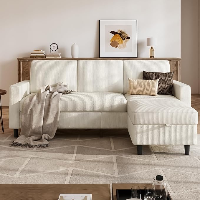 POYISOU Sectional Couches for Living Room, L Shaped Couch with Storage Ottoman, Small Sofa Corduroy Couch with Side Pockets, Modern 3 Seater Convertible Sofa for Apartment, Office, Beige