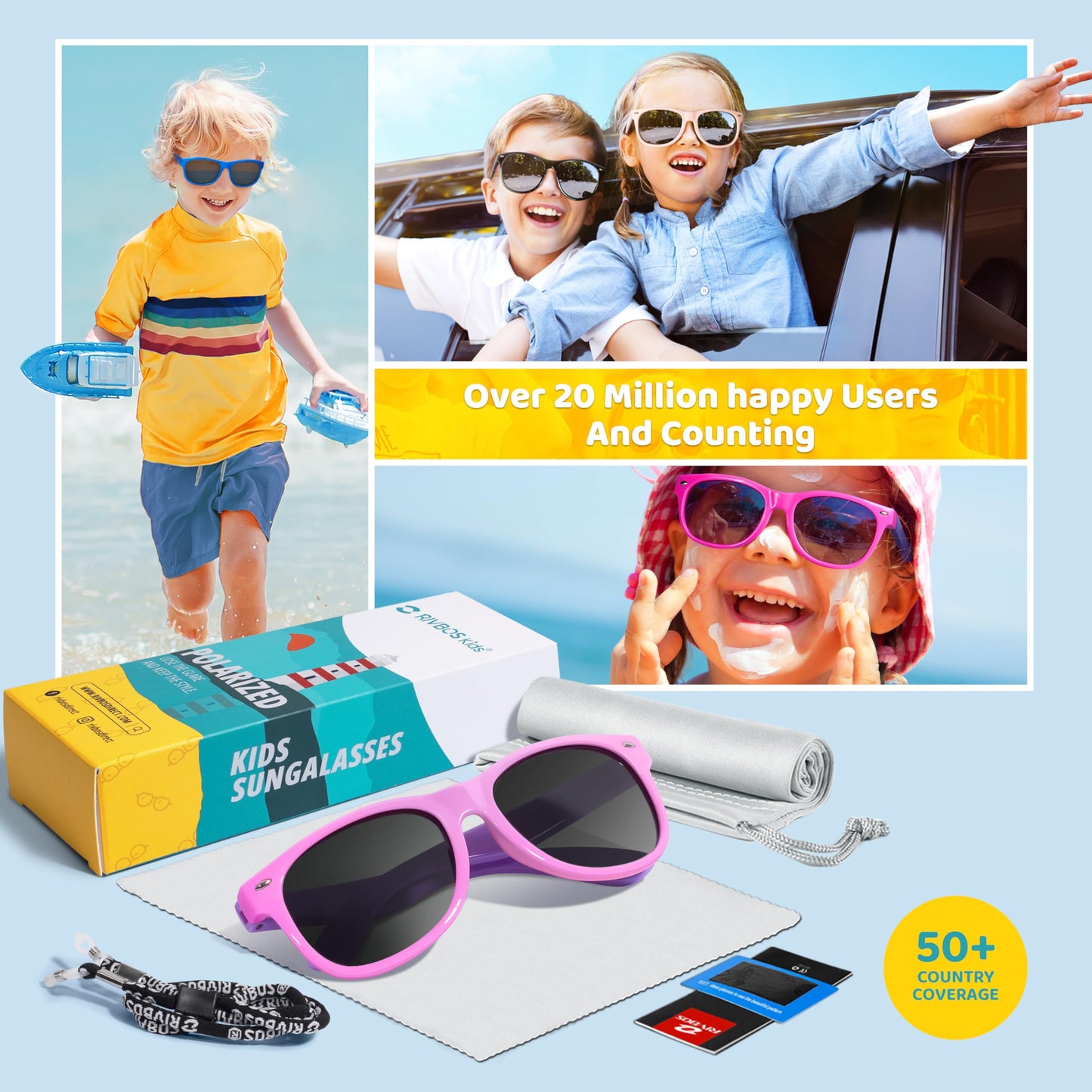 RIVBOS Kids Sunglasses for Girls Boys with Strap Polarized UV Protection Flexible Rubber Shades RBK004-2 Pink