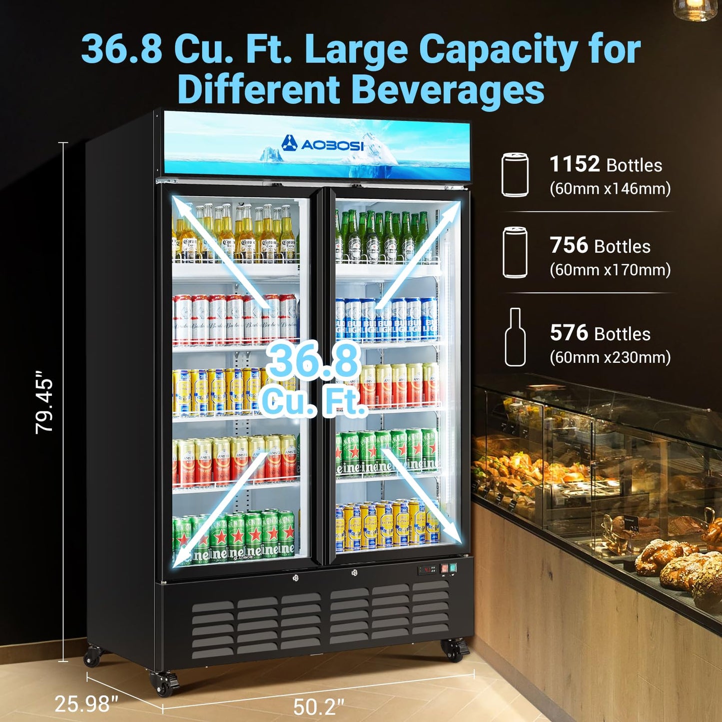 AAOBOSI 50" Wide Commercial Merchandiser Refrigerator,36.8 Cu.Ft Glass Door Display Refrigerator,Upright Beverage Fridge with Soft LED Light,Customizable Lightbox,Universal Casters, Adjustable Shelves