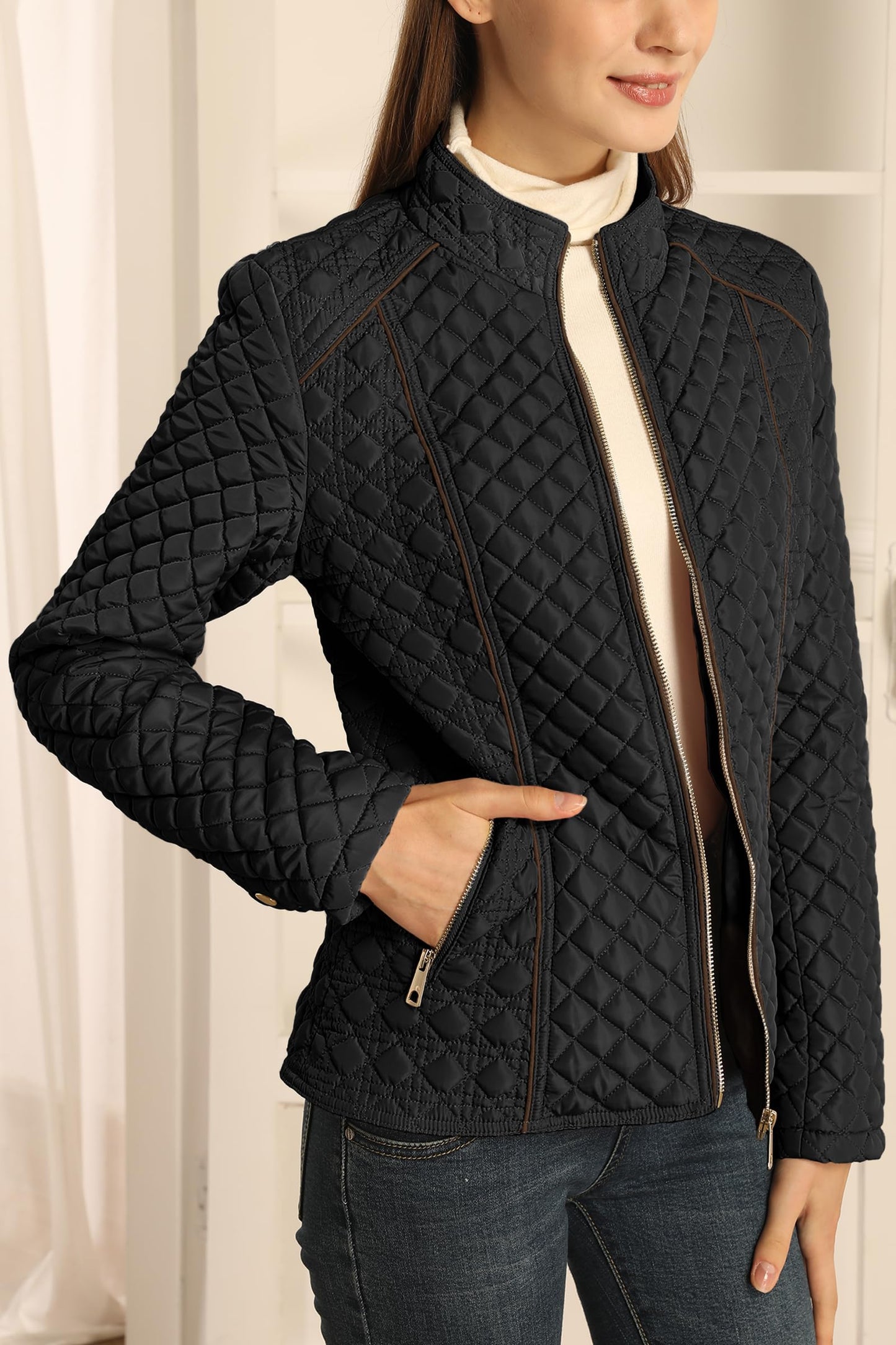 Bellivera Women's Stand Collar Lightweight Quilted Puffer Jacket Padded Zip Coat for Spring and Winter 087 black S