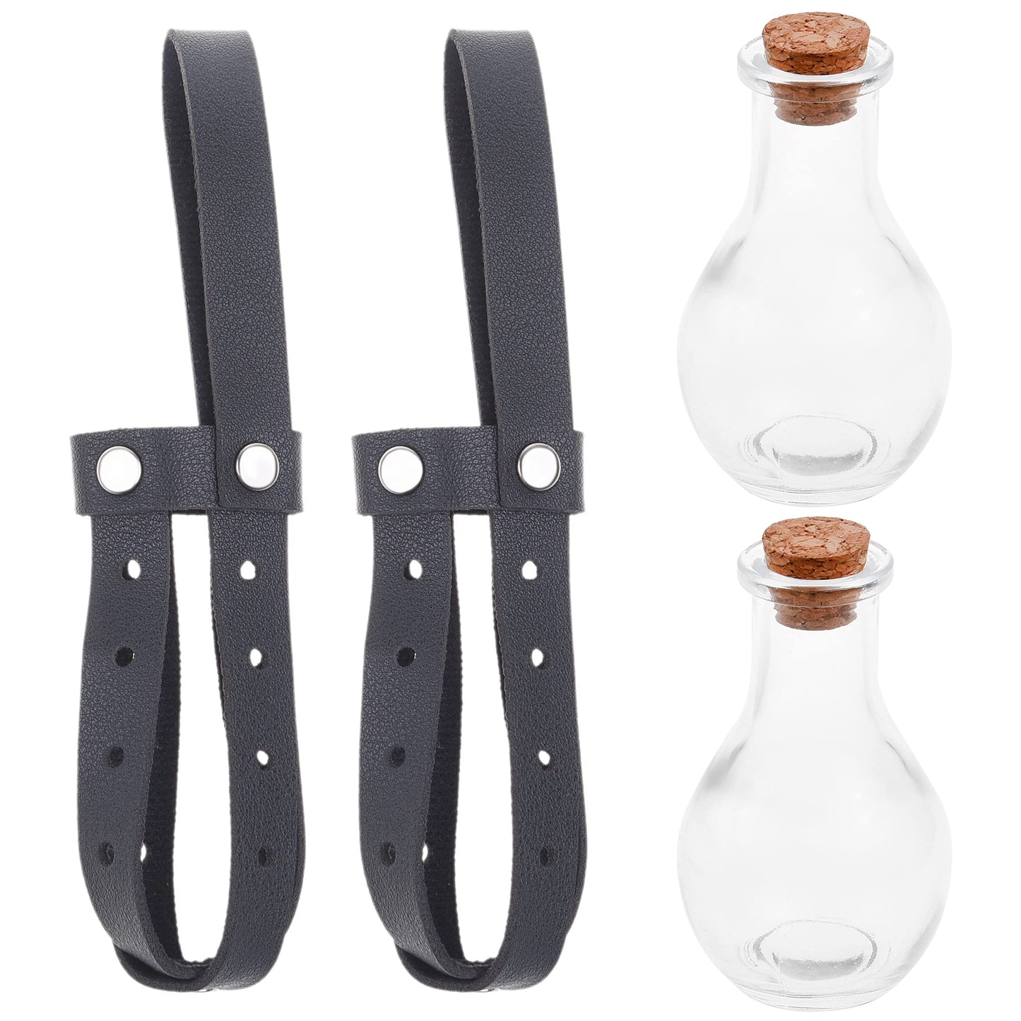 Eco-Fused Cosplay Potion Bottle 2x Small - Clear Spherical Cosplay, Wizard, Witch Costume Accessory - Incl. Cork Stopper, Black Faux Leather Sleeve Holder, Belt Loop
