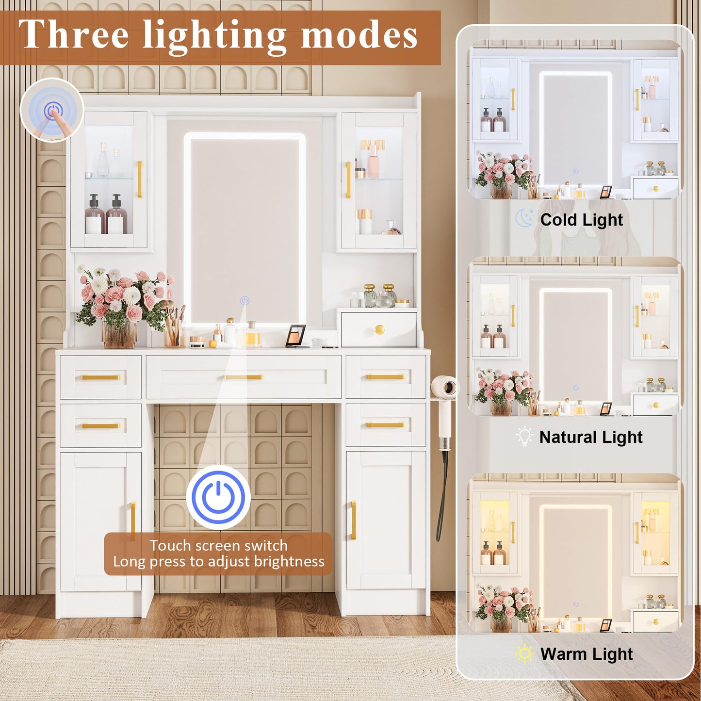 NUNU LAB Large Vanity Desk with Mirror and Lights - 7 Drawers & 4 Cabinets Extra Storage Capacity, Makeup Vanity Table with 3-Color Adjustable LED for Bedroom (043 No Bench, 42.1 * 15.75 * 57.7in)