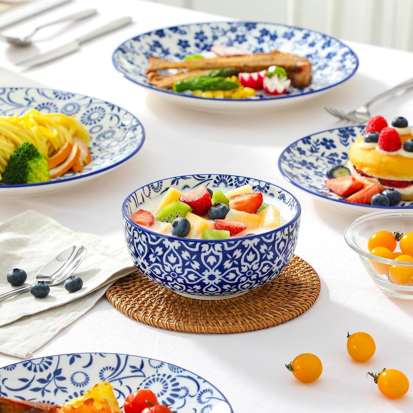 vancasso SELENE Plates and Bowls Set for 6, 18 Pieces Dinnerware Sets, Mircowave and Dishwasher Safe Dishes Set, Porcelain Blue Dinnerware