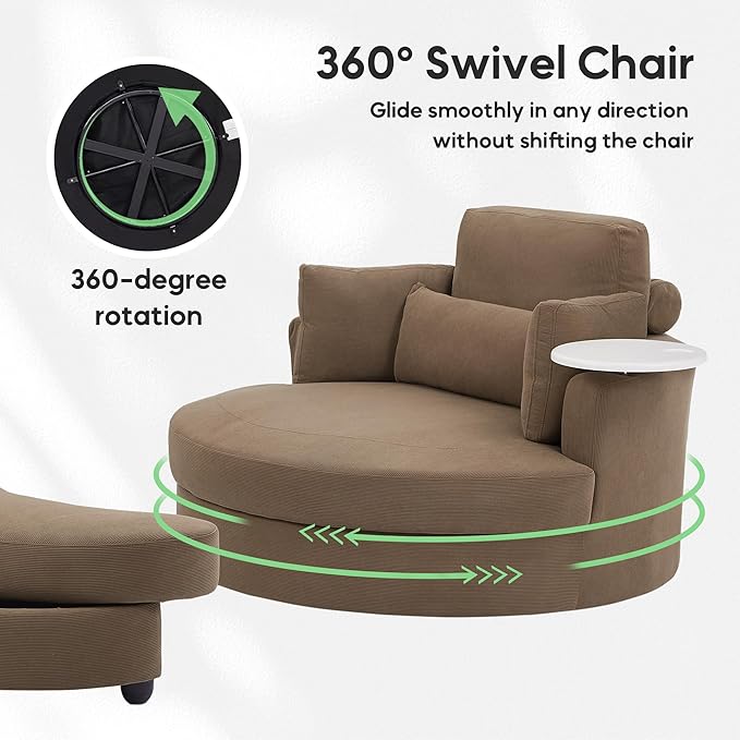 Yoglad Oversized Round Swivel Accent Chair - 360 Degree Chairs with Ottoman Armrest Tray Ideal for Living Room, Bedroom(Corduroy Brown)