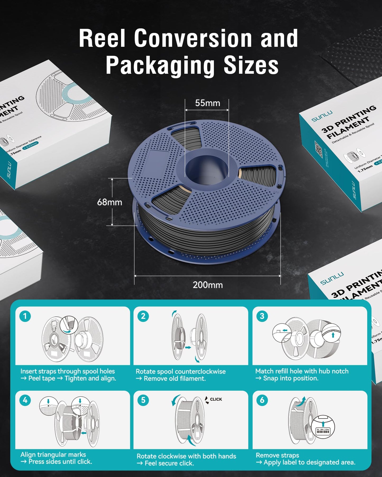 SUNLU ABS Filament 1.75mm 3D Printer Filament, Strong and Durable, Excellent Toughness, Individually Vacuum Packed, 4kg in Total, 1kg per Spool, Pack of 4, Black