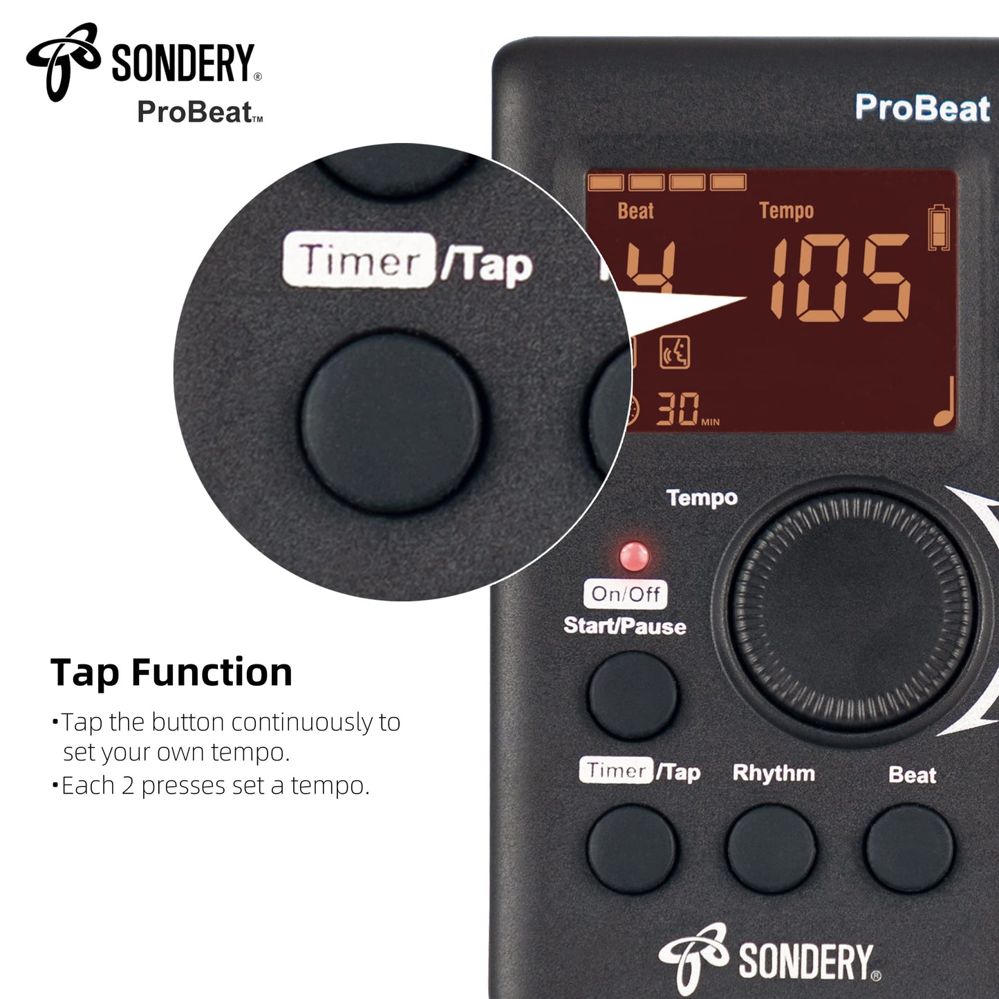 Sondery Digital Metronome Rechargeable English Vocal Counting with Timer Function for Piano Guitar Drum and All Instruments